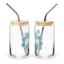 Load image into Gallery viewer, A photo of two glass can tumblers on a white background showing the side of the glasses. The design on the glass tumbler says the word &quot;dream&quot; inside a teal cloud illustration with sketchy illustrations around. 