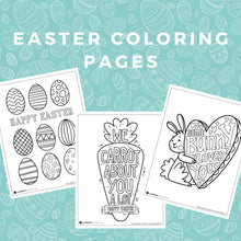 Load image into Gallery viewer, A graphic reading &quot;Easter Coloring Pages&quot; showing three of the Easter coloring sheets in the set. 
