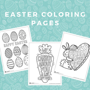 A graphic reading "Easter Coloring Pages" showing three of the Easter coloring sheets in the set. 
