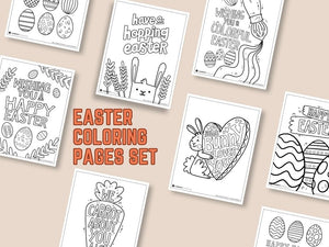 A graphic reading "Easter Coloring Pages Set" showing some examples of the coloring pages included in the printable set.