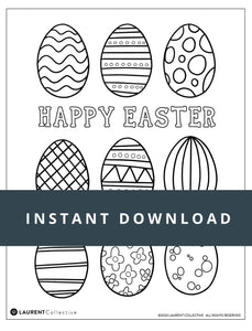 An example of the Easter coloring page with the words "instant download" over the top. The coloring page design features easter eggs and the words "Happy Easter."