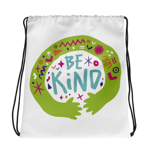 A white drawstring bag on a white background. The drawstring bag has a the words 