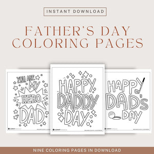 A collage showing three of the nine Father's Day coloring pages. Above the images it reads "Instant Download. Father's Day Coloring Pages."