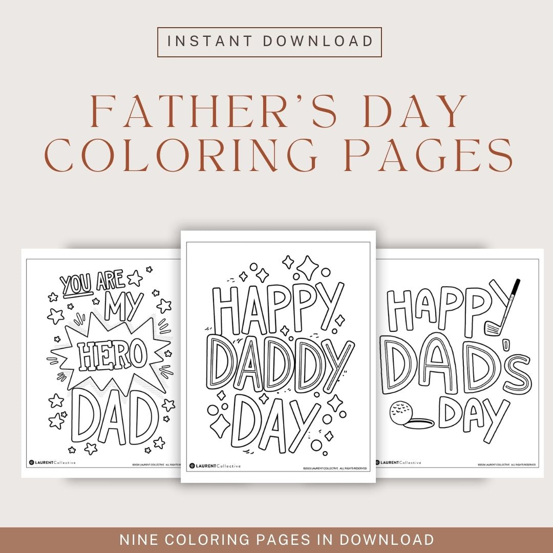 A collage showing three of the nine Father's Day coloring pages. Above the images it reads 