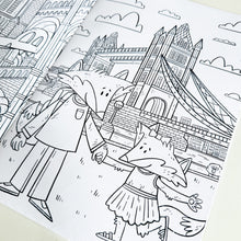 Load image into Gallery viewer, A close up of one of the colouring pages featuring two foxes in front of Tower Bridge.