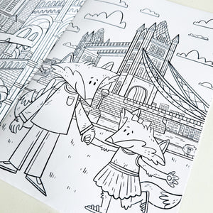 A close up of one of the colouring pages featuring two foxes in front of Tower Bridge.