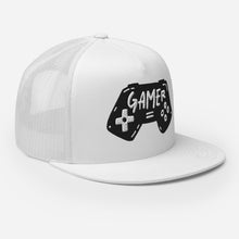 Load image into Gallery viewer, A white trucker hat on a white background showing an angel view of the hat. The hat features an embroidered design with an illustrated game controller with the word &#39;gamer&#39; inside the illustration.  