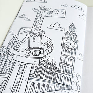 A close up of one of the colouring pages featuring a giraffe in front of Big Ben.