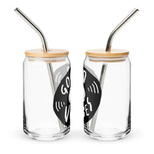 Load image into Gallery viewer, A photo of two glass can tumblers on a white background showing the side of the glasses. The glass tumblers have a bamboo lid and silver metal straw. The design on the glass tumbler says the words &quot;good vibes&quot; inside an illustrated vinyl record.