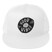 Load image into Gallery viewer, A white trucker hat on a white background showing a close up of the hat. The hat features an black embroidered design with an illustrated vinyl record and the words &#39;good vibes&#39; inside.  