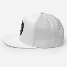 Load image into Gallery viewer, A white trucker hat on a white background showing the side view. The hat features an black embroidered design with an illustrated vinyl record and the words &#39;good vibes&#39; inside.  