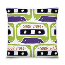 Load image into Gallery viewer, A pillow on a white background. The white pillow features the artwork on a white background with an illustrated cassette tape pattern with the words &#39;good vibes.&#39;