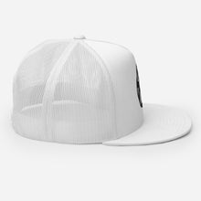 Load image into Gallery viewer, A white trucker hat on a white background showing the side view. The hat features an black embroidered design with an illustrated vinyl record and the words &#39;good vibes&#39; inside.  