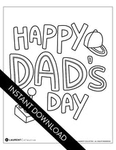 Load image into Gallery viewer, A coloring sheet on a white tabletop. There’s fake Easter grass around the color page. The page features the words “Happy Dad’s Day” with an illustrated game controller and hat. 
