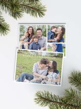Load image into Gallery viewer, A photo of a Christmas card showing the front and back of the card laying on a white surface. Around the two sides of the card are pine needles. The front of the card features a photo and the words “Happy Holidays, The Thompsons” in a front font on top and the bottom of the card has whimsical illustrated pine trees. The back of the card features three photos with the illustrated trees on the bottom. 