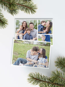 A photo of a Christmas card showing the front and back of the card laying on a white surface. Around the two sides of the card are pine needles. The front of the card features a photo and the words “Happy Holidays, The Thompsons” in a front font on top and the bottom of the card has whimsical illustrated pine trees. The back of the card features three photos with the illustrated trees on the bottom. 