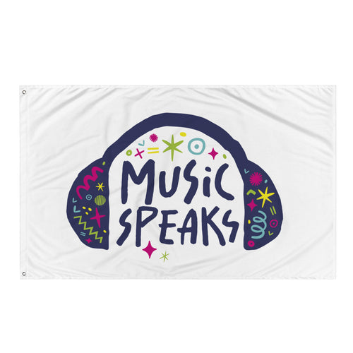 A large white flag is featured on a white background. The white flag features illustrated headphones with the words 