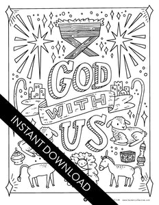 An image showing the coloring page. The letters and design are featured with open space to be able to be coloured in. The coloring page features the words "God with Us" with animal and manger illustrations.  