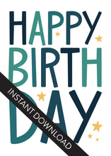 Load image into Gallery viewer, A close up of the card design with the words “instant download” over the top. The card features the words “Happy birthday” with blue letters featured on a white background. 