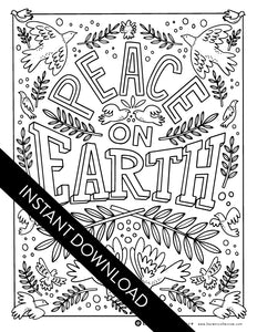 An image showing the coloring page. The letters and design are featured with open space to be able to be coloured in. The coloring page features the words "Peace on Earth" with an illustrated doves and leaves.  