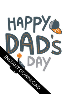 A close up of the card design with the words “instant download” over the top. The card features the words “Happy Dad’s Day” with an illustrated game controller and hat. 