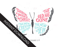 Load image into Gallery viewer, A close up of the card design with the words “instant download” over the top. The card features the words “Therefore if anyone is in Christ, the new creation has come. The old has gone. The new is here. 2 Corinthians 5:17.” The card design features an illustrated butterfly. 