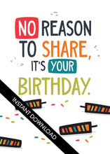 Load image into Gallery viewer, A close up of the card design with the words “instant download” over the top. The card features the words “No reason to share it’s your birthday!”