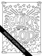 Load image into Gallery viewer, An image showing the coloring page. The letters and design are featured with open space to be able to be coloured in. The coloring page features the words &quot;The Glory of God&quot; with an illustrated clouds and stars.  