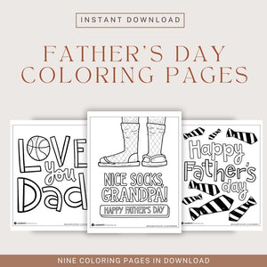 A collage showing three of the nine Father's Day coloring pages. Above the images it reads "Instant Download. Father's Day Coloring Pages."