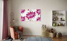 Load image into Gallery viewer, A large flag featured in a kids playroom. The white flag features a pattern with the word &quot;brave&quot; featured inside a pink star-like shape with sketchy illustrations around the word. 