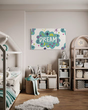 Load image into Gallery viewer, A large flag featured on the wall of a kids room. The white flag features a pattern with the word &quot;dream&quot; featured inside a cloud with sketchy illustrations around the word. 