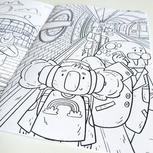 A close up one of the colouring pages featuring a koala on a tube platform.