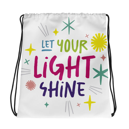 A white drawstring bag on a white background. The drawstring bag has the words 