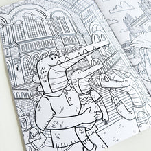 Load image into Gallery viewer, A close up of one of the colouring pages featuring to crocodiles in the Natural History Museum.