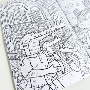 A close up of one of the colouring pages featuring to crocodiles in the Natural History Museum.