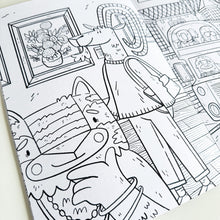 Load image into Gallery viewer, A close up of one of the colouring pages featuring animals enjoying the National Gallery.