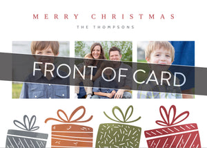 A close up of the front of the card showing the front of the card design. Across the image is a gray strip with the words “front of card” on it. The front of the card features three photos with illustrated gifts on the bottom. On top of the photos the words “Merry Christmas” is featured with a family name below which you can edit. 