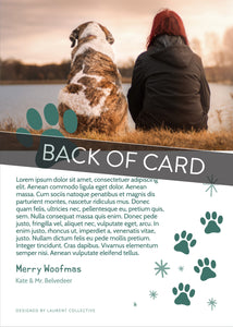 A close up of the back of the card showing the two photos and design features. Across the image is a gray strip with the words “back of card” on it. The back of the card features one photo with a dog paw illustration and space to add an update. 