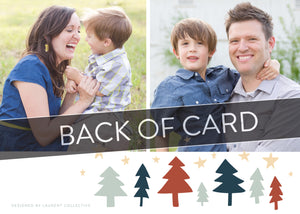 A close up of the back of the card showing the two photos and design features. Across the image is a gray strip with the words “back of card” on it. The back of the card features two photos with illustrated trees at the bottom.