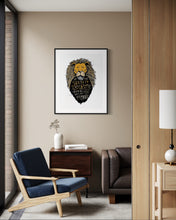 Load image into Gallery viewer, Artwork in a black frame with the with a white matte. The frame is on a wall in a living room. The artwork features an illustrated Aslan (the lion from Chronicles of Narnia). Inside the lion the Narnia quote is featured reading “At The Sound of Your Roar, Sorrows Will Be No More.”