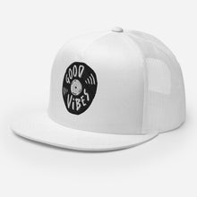 Load image into Gallery viewer, A white trucker hat on a white background showing an angel view of the hat. The hat features an black embroidered design with an illustrated vinyl record and the words &#39;good vibes&#39; inside.  