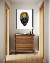 Load image into Gallery viewer, A black frame with artwork hanging above a a dresser in a hallway. The artwork features an illustrated Aslan (the lion from Chronicles of Narnia). Inside the lion the Narnia quote is featured reading “At The Sound of Your Roar, Sorrows Will Be No More.”