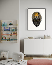 Load image into Gallery viewer, A black frame with artwork hanging above a children&#39;s storage unit in a playroom. The artwork features an illustrated Aslan (the lion from Chronicles of Narnia). Inside the lion the Narnia quote is featured reading “At The Sound of Your Roar, Sorrows Will Be No More.”