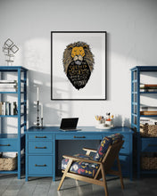 Load image into Gallery viewer, A black frame with artwork hanging above a a desk in a home office. The artwork features an illustrated Aslan (the lion from Chronicles of Narnia). Inside the lion the Narnia quote is featured reading “At The Sound of Your Roar, Sorrows Will Be No More.”