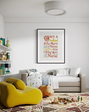 Load image into Gallery viewer, Artwork in a black frame with the with a white matte. The frame is on the wall of children&#39;s bedroom. The artwork features hand drawn lettering of the Narnia quote &quot;Once a king or queen of Narnia, always a king or queen of Narnia.&quot;