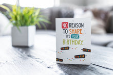 Load image into Gallery viewer, A greeting card featured on a black, wood coffee table. There’s a white planter in the background with a green plant. There’s also a gray sofa in the background with a white pillow. The card features the words “No reason to share it’s your birthday!”