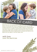 Load image into Gallery viewer, A close up of the back of the card showing the two photos and design features. Across the image is a gray strip with the words “back of card” on it. The back side of the card features two photos with space to write a yearly update. 