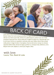 A close up of the back of the card showing the two photos and design features. Across the image is a gray strip with the words “back of card” on it. The back side of the card features two photos with space to write a yearly update. 