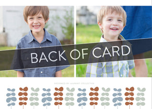 A close up of the back of the card showing the two photos and design features. Across the image is a gray strip with the words “back of card” on it. The back of the card features two photos with the modern illustrated leaves. 