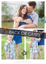 Load image into Gallery viewer, A close up of the back of the card showing the two photos and design features. Across the image is a gray strip with the words “back of card” on it. The back of the card features three photos with modern illustrated flowers.